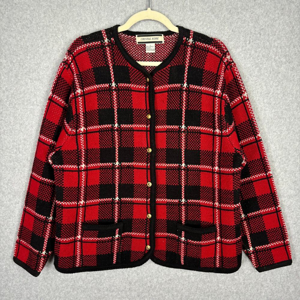 Vintage Tartan Plaid Cardigan Sweater Large Gold Buttons Old Money Retro‎ Glam